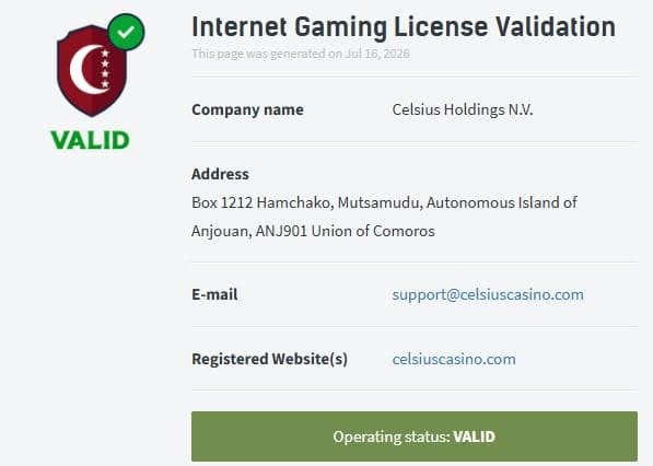 licence Celsius Casino